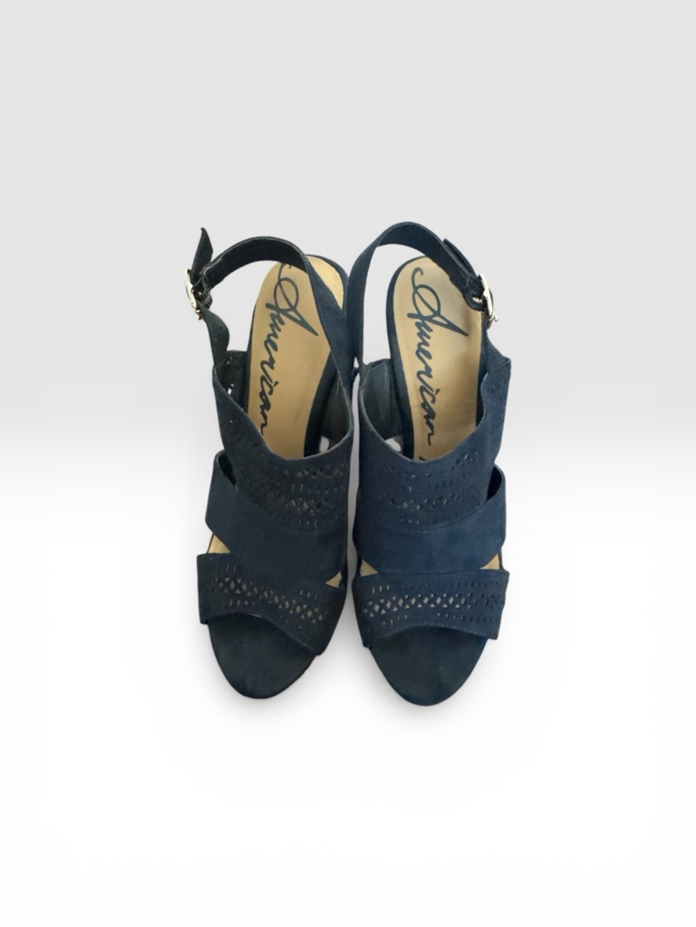 American Rag Navy Suede Laser-Cut Slingback Heels